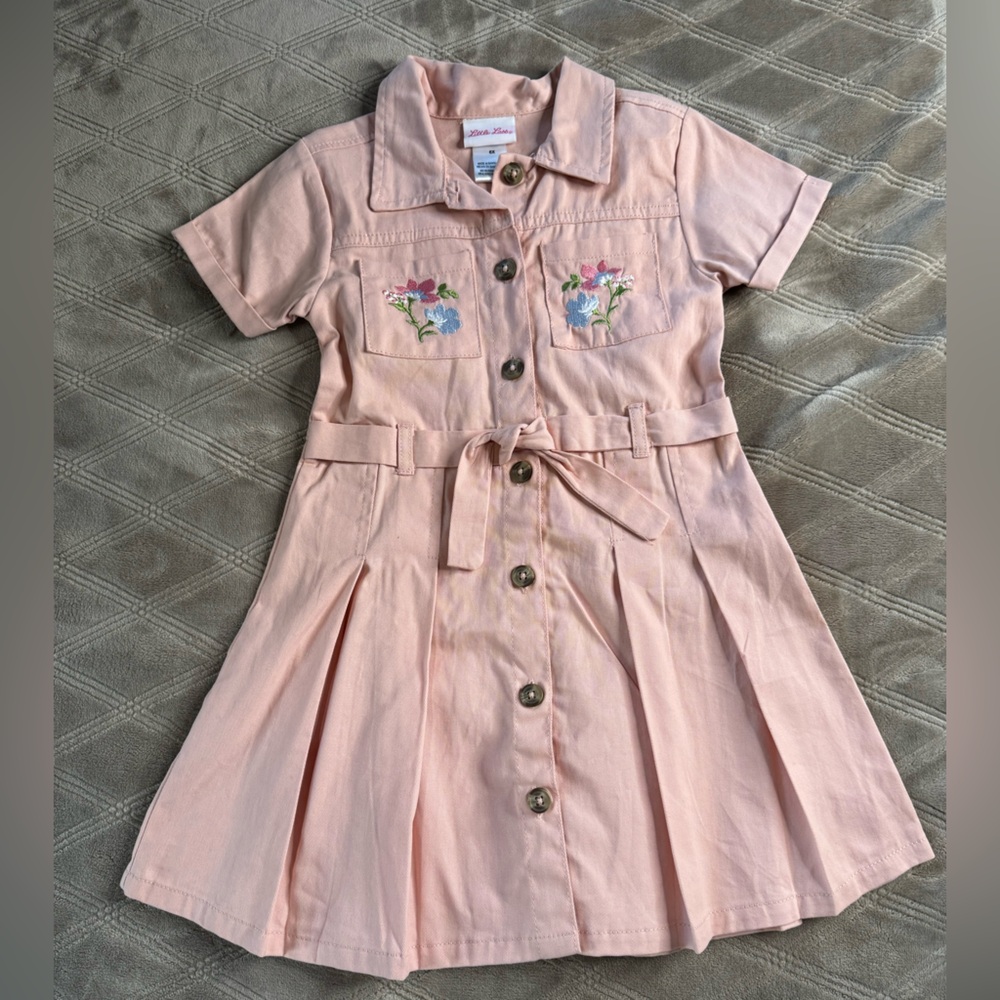 Girls Pink Button-Up Dress with Embroidered Flowers
